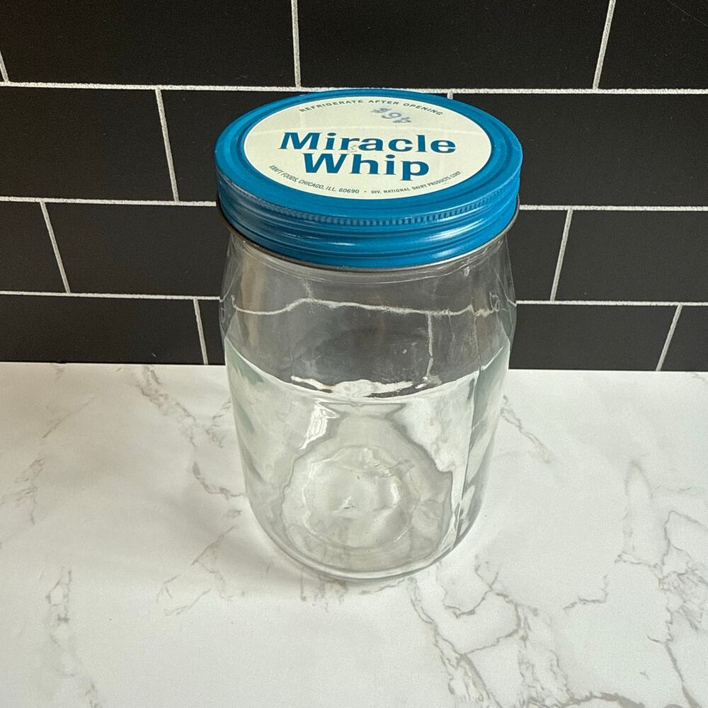 Vintage Kraft Miracle Whip Glass Jar Blue Tin Lid Kitchen Decor